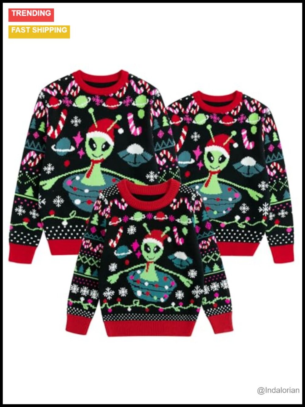 Ugly Christmas Sweater Pullover Alien Pattern Ribbed Cuffs Acrylic